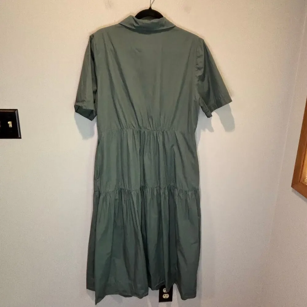 Evereve Evelyn Green Short Sleeve Tiered Ruffle Button Front Shirt Dress - XL